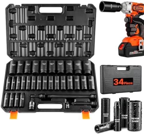 VEVOR 1/2" Drive Impact Socket Set, 34 Piece, Metric 8 to 36mm by VEVOR