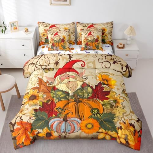 Fall Gnome King Size Comforter Set - Bedding Set King 7 Pieces,Thanksgiving Autumn Harvest Bed in a Bag Maple Leaf Sunflower Pumpkin Decor Bed Set with Comforter,Sheets,Pillowcases & Shams by Erosebridal