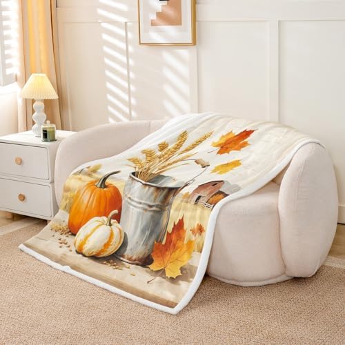 Fall Harvest Throw Blanket Farm Pumpkin Wheat Fleece Flannel Blankets Kids Boys Girls Room Decor Country Maple Leaf Bed Blankets for Bed Sofa Couch Orange Yellow Silvery Plush Blanket Baby 30"x40" - Image 5