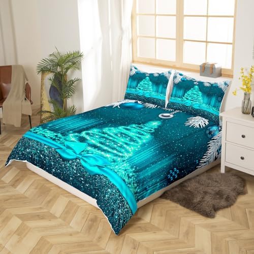 Merry Christmas Kids Duvet Cover Set Full Size,Snowflake Christmas Tree Bowknot Bedding Set,Girls Boys Adults Room Decor,Gradient Line Glitter Comforter Cover,Xmas Romantic Quilt Cover,2 Pillowcases - Image 3
