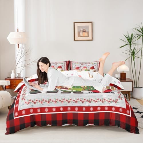 Merry Christmas Kids Duvet Cover Set Full Size,Cute Gnomes Snowflake Romantic Bedding Set,Girls Boys Adults Room/Cabin Decor,Geometric Grids Retro Comforter Cover,Rustic Quilt Cover,2 Pillowcases - Image 7