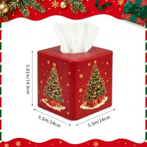 Thyle 2 Pcs Christmas Square Tissue Box Cover Red PU Leather Christmas Tree Snowman Tissue Box Holder Closure Xmas Decorations Cube Napkin Holder for Kitchen Car Home Office Living Room Bedroom - Image 2