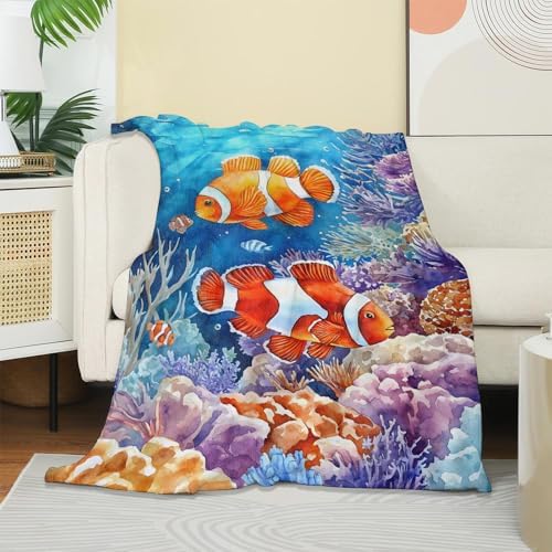 Watercolor Clownfish Blanket, Soft Cozy Warm Throw Blanket for Adults Kids Women, Comfy Lightweight Fuzzy Flannel Blankets for Couch, Travel, Car, Home Decor 50×40 Inch - Image 2