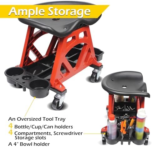 MaxWorks 50957 Ergonomic Seat Mechanic Stool Chair 22.9" L x 13.9" W x 17" H, with 4pcs 2.5" Swivel Casters, with Tool Tray for Workshop, Garage, Auto Repair - 300 Lbs Capacity - Image 3