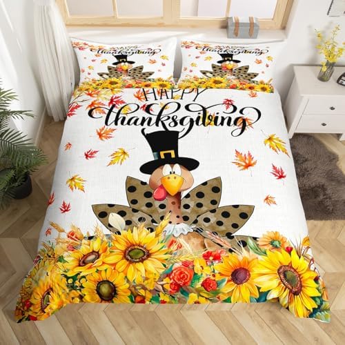 Happy Thanksgiving Kids Duvet Cover Set Twin Size,Cartoon Turkey Sunflowers Bedding Set,Girls Boys Adults Room/Cabin Decor,Fall Maple Leaves Comforter Cover,Rustic Farm Quilt Cover,1 Pillowcase - Image 4