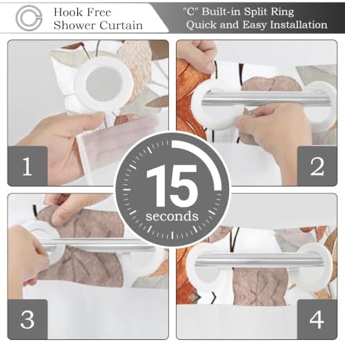 No Hook Shower Curtain with Snap in Liner, Hotel Style Watercolor Autumn Fall Pumpkin Falling Leaves Thanksgiving Shower Curtain Waterpoof Washable with See Through Top Window,71"x74" - Image 7