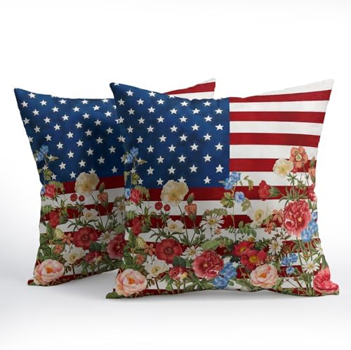 4th of July Pillow Covers 22x22 Set of 2, Patriotic Throw Pillow Covers Independence Memorial Day Pillowcase, Summer Floral Decorative Fourth of July Cushion Case Couch for Indoor Outdoor Home Decor - Image 2