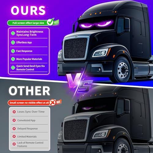 Devil Eyes Light for Trucks – 52.4''x7.5'' Large LED Eyes for Truck Windshield, Perfect Sync, Super Bright, Programmable LED, Remote+APP Control (1-Pack) for Standard Trucks/RVs/Campers