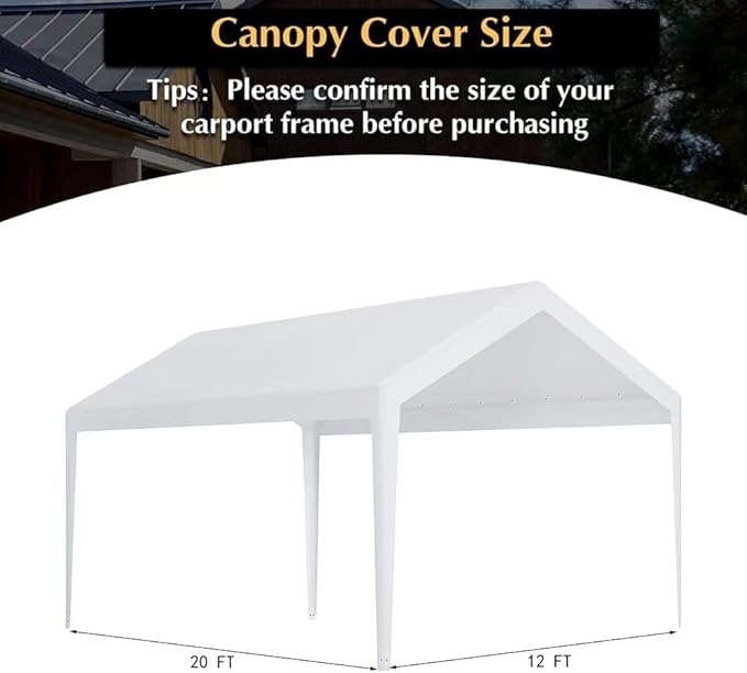 Rutile 12 x 20 FT Carport Replacement Cover, Heavy Duty Car Tarp Canopy Tent - Image 7