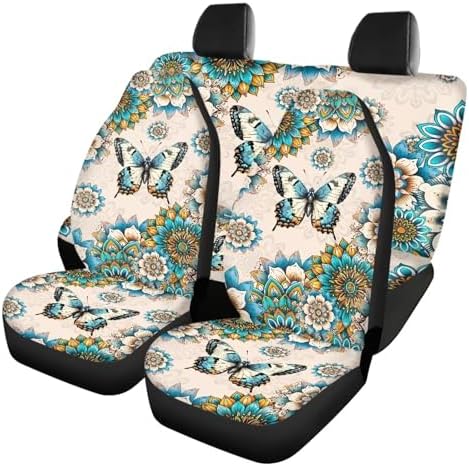Boho Mandala Flower Butterfly Print Car Front Rear Seat Covers Full Set of 4 Car Accessories Vehicle Split Bench Protector Universal Fit for Cars Truck Sedan