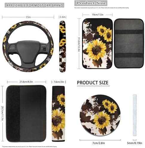 Brown Cow Sunflower Car Seat Covers 12Pcs Cow Car Accessories Interior Sets with Universal Fit Auto Steering Wheel Covers Seatbelt Pads Keychain Cup Holder Coaster for Women,Men,Fit Most Cars