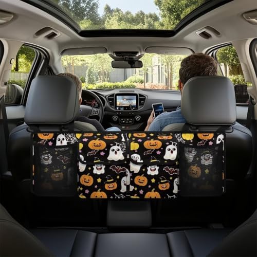 Halloween Pumpkin Ghost Bat Print Car Trunk Organizer Car Backseat Storage Bag with 4 Pockets Hanging Trunk Cargo Storage Universal Auto Accessories for Sedans SUV Trucks Van
