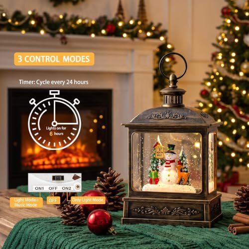 Christmas Snow Globe Lantern Water Glittering North Pole Snowman with Music & Timer, USB Lined/Battery Operated Lighted Lantern for Christmas Festival Decoration Gifts - Image 3