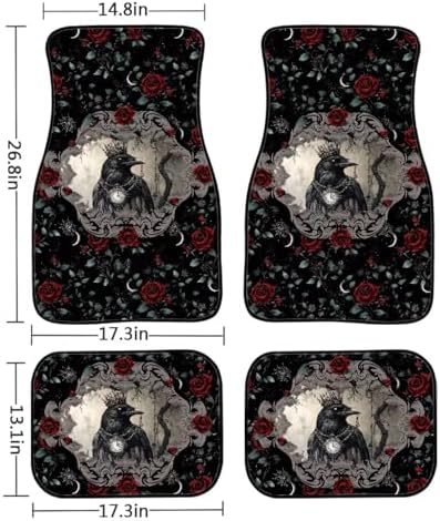 Raven 4 Pcs Car Floor Mats Retro Gothic Crown Crow Clock All Weather Anti Slip Front Rear Row Foot Mat Gothic Red Rose Thorn Car Interior Universal Fit for SUV Truck