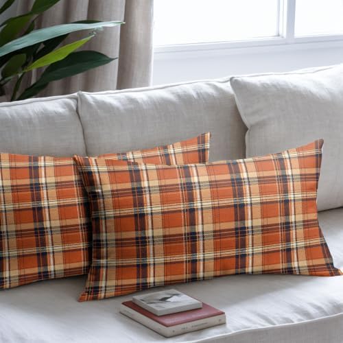 Fall Plaid Pillow Covers 12x20 Set of 2 Autumn Burnt Orange Scottish Tartan Square checked Outdoor Throw Pillows Covers Farmhouse Classic Decorative Farmhouse Cushion Case for Room Couch Sofa - Image 7