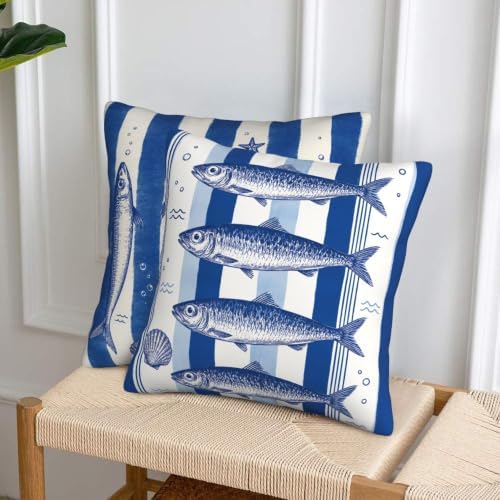 Blue Stacked Fish Throw Pillow Covers 18x18 inch Set of 2 - Image 4