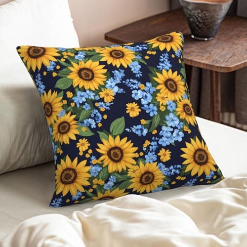 KiuLoam Navy and Yellow Floral Pillow Covers 18x18 Set of 2, Sunflower with Blue Small Flowers Print Decorative Throw Pillow Cases, Vintage Farmhouse Style Outdoor Cushion Covers for Sofa Couch - Image 2