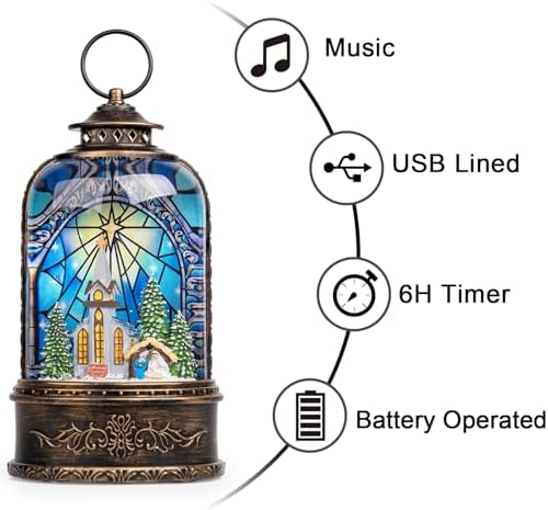 Christmas Snow Globe Lantern Water Glittering Churches & Holy Family with Music& Timer, USB Lined/Battery Operated Lighted Lantern for Christmas Festival Decoration Gifts - Image 5
