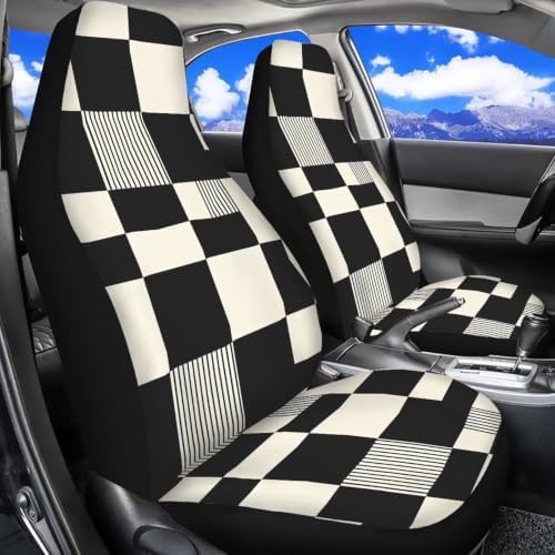 Checkered Stripe Print Car Seat Covers Set of 2 Black and White Universal Seat Protector for SUV Truck Van Cars, Breathable Auto Seat Protectors for Women Men