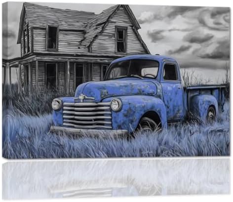 AWPANERAR Rustic Farmhouse Wall Decor Old Truck Canvas Print Car Painting Vintage Truck Poster Living Room Decor Frame (Blue, (12.00" x 18.00")) by AWPANERAR