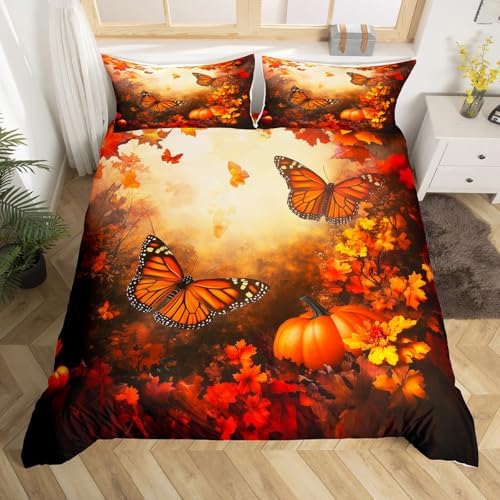 Erosebridal Adult Autumn Harvest Bedding Set, Fall Pumpkin Duvet Cover Full Size Happy Thanksgiving Comforter Cover for Kids Teens Women, Maple Leaves Rustic Quilt Cover with 2 Pillow Cases - Image 4