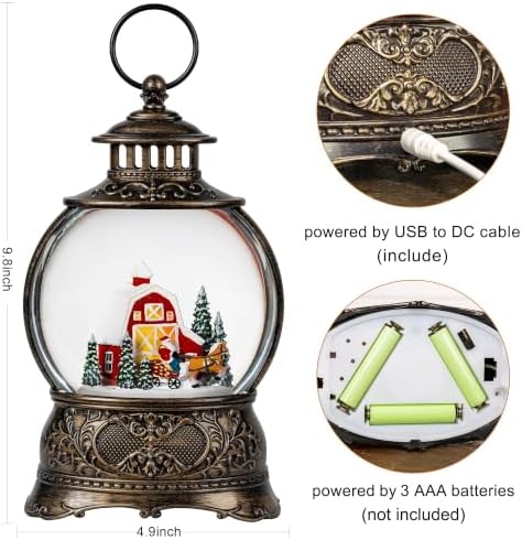 Christmas Snow Globes Christmas Water Lantern with Carriage Red barn Farm Scene Music & 6H Timer USB Lined/Battery Operated Lighted Lanterns for Xmas Festival Decoration - Image 5