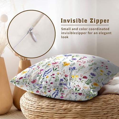 Spring Floral Throw Pillow Covers 16X16 Inches Set of 2 Watercolor Yellow Pink Purple Flowers Leaf Print Butterflies Pillowcase Soft Cotton Square Seasonal Cushion Covers for Living Room Sofa Decor - Image 4