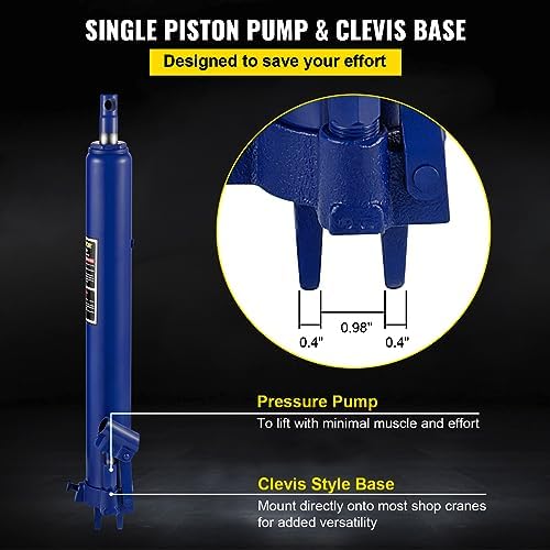 VEVOR Hydraulic Long Ram Jack, 8 Tons/17363 lbs Capacity, with Single Piston Pump and Clevis Base, Manual Cherry Picker w/Handle, for Garage/Shop Cranes, Engine Lift Hoist, Blue - Image 5