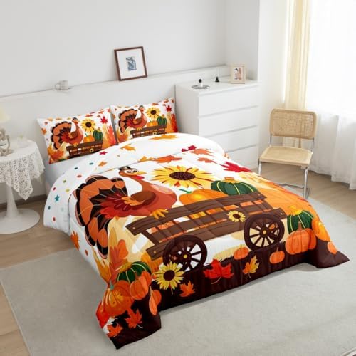 Feelyou Fall Bedding Set for Girls Boys Kids Twin Size Maple Leaves Pumpkin Comforter Cover Room Decor Turkey Thanksgiving Daisy Duvet Cover White Orange Quilt Set - Image 2