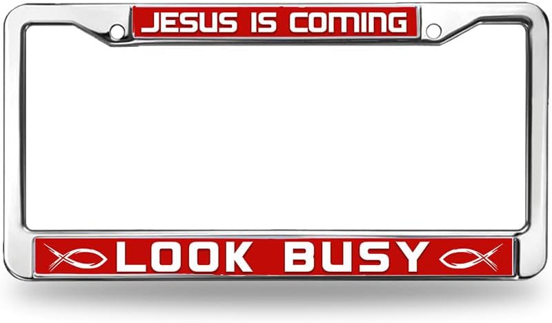 Jesus is Coming License Plate Frame Anti-Theft Christ Fish Power Stainless Steel License Plate Frame Jesus is the Way License Plate Frame for Patriotic People with Screws Caps