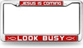 Jesus is Coming License Plate Frame Anti-Theft Christ Fish Power Stainless Steel License Plate Frame Jesus is the Way License Plate Frame for Patriotic People with Screws Caps
