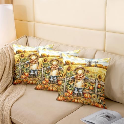 Manfei Cute Scarecrow Pillow Covers Reversible Print Pack of 2,Fall Pumpkin Sunflower Yellow Orange Decorative Cushion Covers,Rustic Farmhouse Cabin Autumn Harvest Couch Pillow Covers,24"x 24" - Image 4