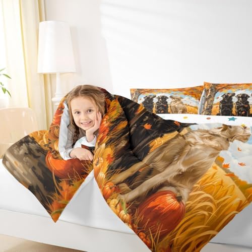 Feelyou Fall Bedding Set for Girls Boys Kids Toddler Size Maple Leaves Pumpkin Comforter Cover Room Decor Dogs Duvet Cover Yellow Orange Quilt Set - Image 6