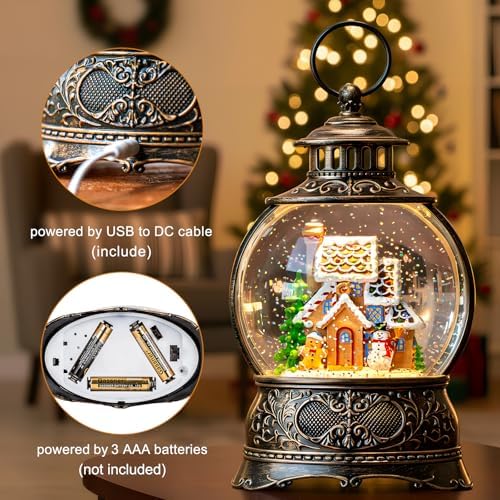 Christmas Snow Globes Christmas Water Lantern with Gingerbread Man & Snowman, Music & 6H Timer, USB Lined/Battery Operated Lighted Lanterns for Xmas Festival Decoration Gifts - Image 3