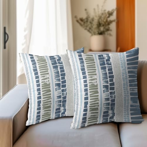 Blue Green Pillow Covers 22x22 Set of 2 Boho Striped Dots Print Pattern Decorative Outdoor Zipper Pillowcases Rustic Decoration Farmhouse Linen Throw Cushion Cover Decor for Home Couch Sofa Bed - Image 3