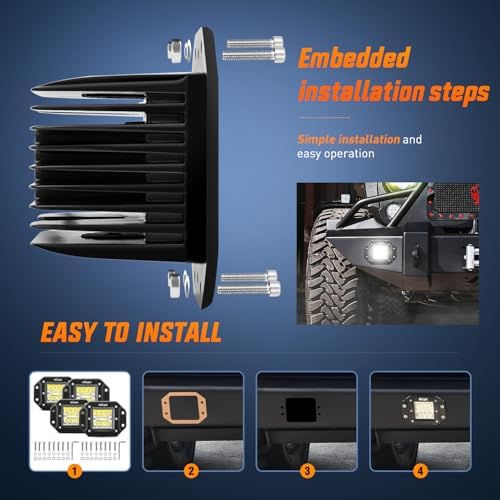 Nilight 4PCS 42W Flush Mount LED Pods Spot Flood Combo Beam Driving Backup Reverse Grill Mount Light with 16AWG LED POD Lights Wiring Harness Kit -4 Leads