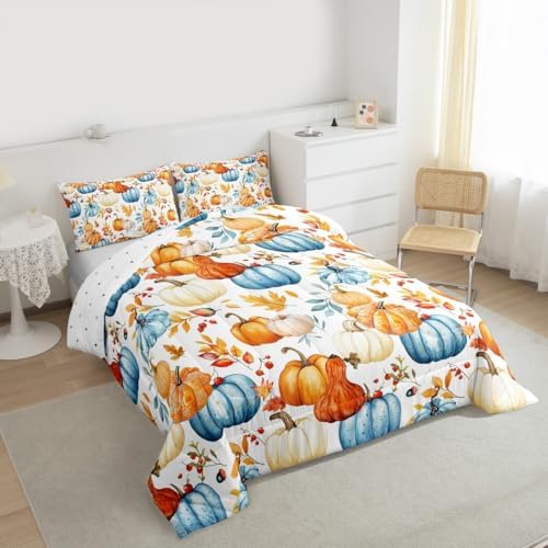 Homewish Harvest Fall Bedding Set Full Size Maple Leaf Pumpkin Comforter Set for Kids Teens Bedroom Decor Vintage Rustic Farmhouse Soft Polyester Quilt Duvet Orange Duvet Insert,2 Pillowcase - Image 5