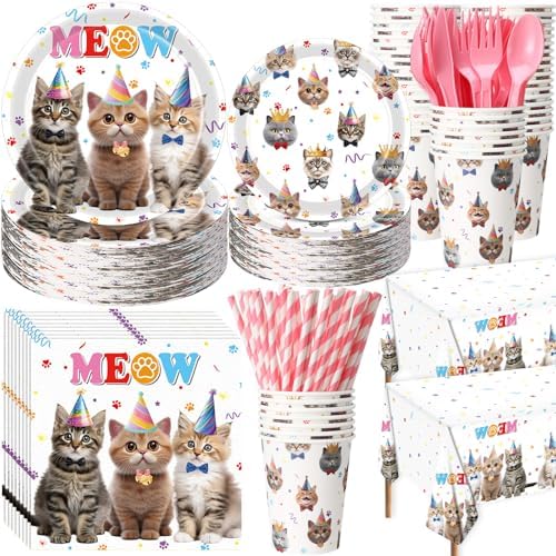 Funnymoom 452 Pcs Cat Birthday Party Decorations for 50 Guests, Cat Paper Plates Napkins Cups Tablecloth Cutlery Straws Disposable Tableware Set for Kitten Lover Birthday Party Supplies by Funnymoom