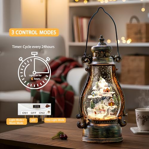 14.2" Christmas Village Buildings Tall Snow Globe Lantern Water Glittering Snowman Family with Music & Timer, USB Lined/Battery Operated Lighted Lantern for Christmas Festival Decoration Gifts - Image 4