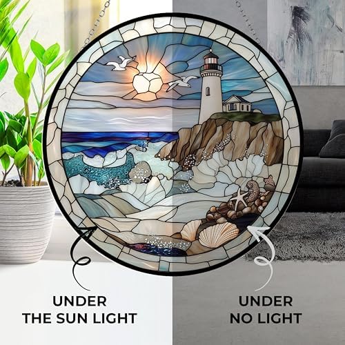 Coastal Lighthouse Stained Glass Window Hanging,Hummingbird Sun Catchers Indoor Window Decor, Stained Glass Suncatcher Gifts for Women, Coastal Lighthouse Lover, Christmas Decorations - Image 3