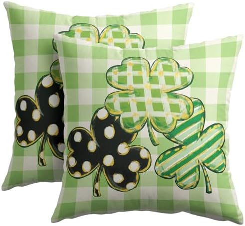 St Patricks Day Pillow Covers 20x20 Set of 2 Shamrock Clover Sage Green Throw Pillow Covers Spring Pillowcase Linen Farmhouse Decorative Buffalo Plaid Cushion Case Couch for Indoor Home Decor by Trongr