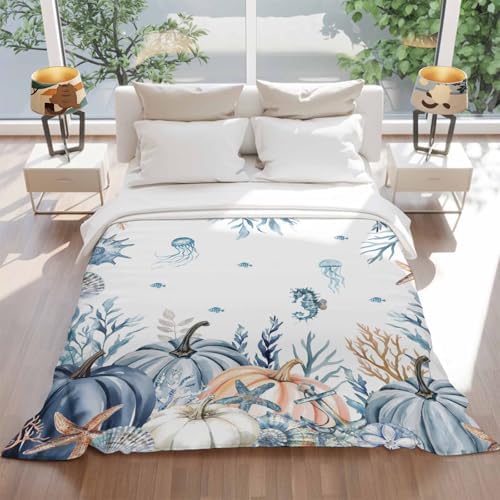 DecorLovee Blue Coastal Fall Blanket 50"x60", Reversible Pumpkins Thanksgiving Throw Blanket for Couch/Bed, Botanical Starfish Lightweight Soft Throw Blankets for Women, Warm Fuzzy Blankets for Winter - Image 5