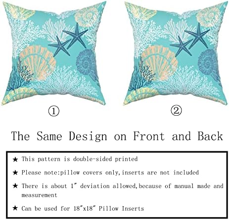 Sweetshow Ocean Coral Pillow Covers 18x18 Inch Nautical Coastal Throw Pillows Set of 2 Beach Seashell Starfish Pillow Case Soft Cotton Square Cushion Covers for Home Couch Sofa Patio Bedroom, Green - Image 4