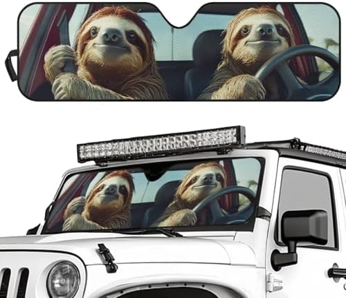 Renewold Funny Sloth Driving Windshield Sunshade for Jeep Wrangler JK JKU JL Foldable UV Ray Heat Reflector Summer Car Front Window Sun Visor Shield Cover Fit for Jeep Gladiator JT Vehicles Sun Shade