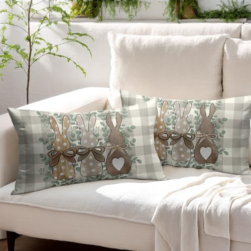 Easter Pillow Covers 12x20 Set of 2 Spring Throw Pillow Covers Rustic Bunny Buffalo Plaid Pillowcase Linen Decoration Farmhouse Soft Decorative Grey Cushion Case Couch for Indoor Outdoor Home Decor - Image 3