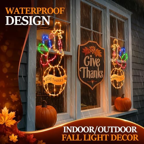2 Pcs Large Thanksgiving Window Lights Turkey Decorations, Fall Decor Window Lights, LED Turkey Pumpkin Light 2026 Thanksgiving Decor with Timer & 8 Mode & Battery Operated(Yellow Red Green,17") - Image 5