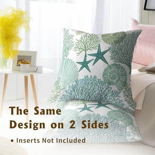 Summer Ocean Themed Nautical Coastal Throw Pillow Covers 18X18 Inches Set of 2 Aqua Teal Seashell Starfish Coral Pillowcase Soft Cotton Square Cushion Covers for Home Sofa Patio Bedroom Decoration - Image 4