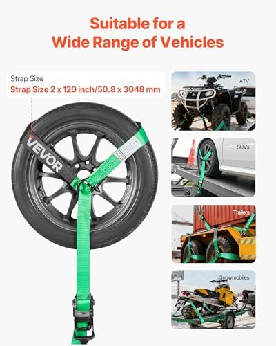 VEVOR Wheel Chock Tie-Down Kit, Tire-Style Tow Dolly Strap, Car Kit with Heavy-Duty Hook, Break Strength 10009 lbs & Working Load 3333 lbs Motorcycle Tie-Down System with O-Ring for ATV, SUV