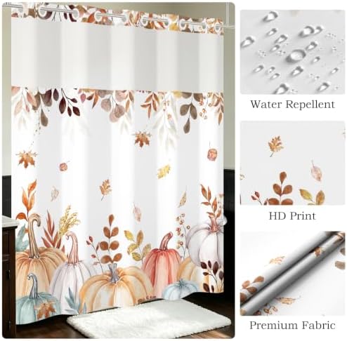 No Hook Shower Curtain with Snap in Liner, Hotel Style Watercolor Autumn Fall Pumpkin Falling Leaves Thanksgiving Shower Curtain Waterpoof Washable with See Through Top Window,71"x86" - Image 5