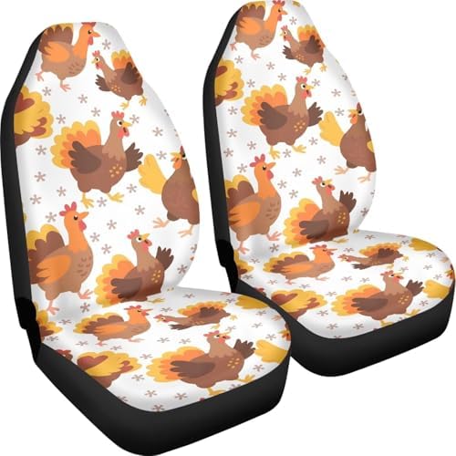 Car Seat Covers Full Set of 2, Thanksgiving Cartoon Turkey Fit SUV Truck Sedan Cute Turkey Chicken Rooster Automotive Vehicle Auto Interior Protector Set, Front Seat Cover